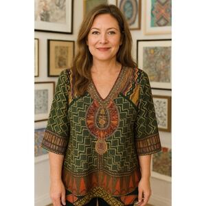 Soft Surroundings Tunic Top Womens Large Sequin Batik Print Flowy Rust Brown